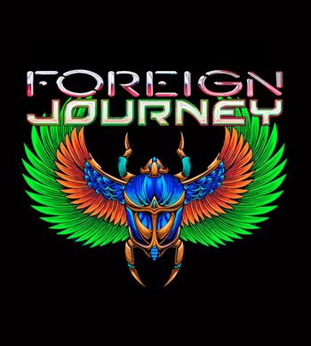 Vibrant poster for Foreign Journey live music event at Pindar Vineyards, featuring colorful artwork of a stylized insect with.
