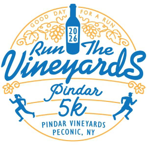 Logo for Run The Vineyards 5K event at Pindar Vineyards, featuring a wine bottle and runners, promoting a scenic vineyard rac.