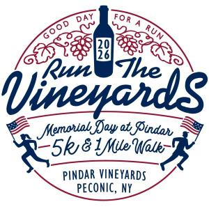 Logo for Run The Vineyards 5K and 1 Mile Walk event at Pindar Vineyards, Peconic, NY, featuring a wine bottle and runners.