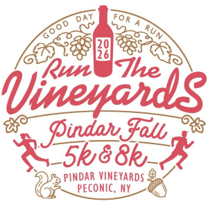 Logo for Run The Vineyards 8K/5K event at Pindar Vineyards, featuring wine bottle, runners, and vineyard elements.