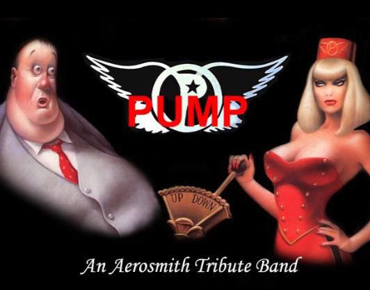 Pindar Vineyards live music event featuring PUMP, an Aerosmith tribute band, with animated characters and vibrant branding.