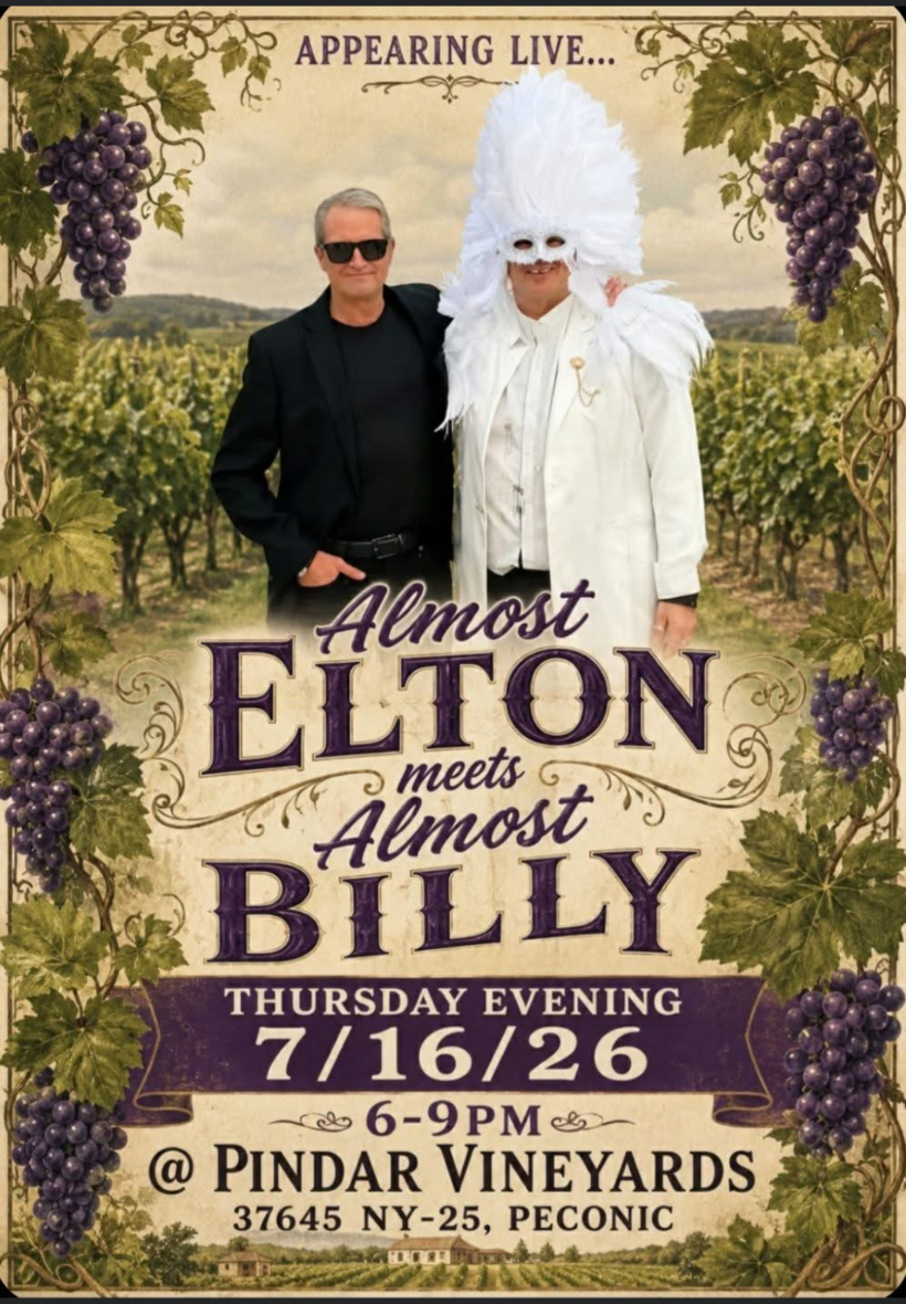 A man and a person dressed as Elvis Presley at Pindar Vineyards for a themed event.
