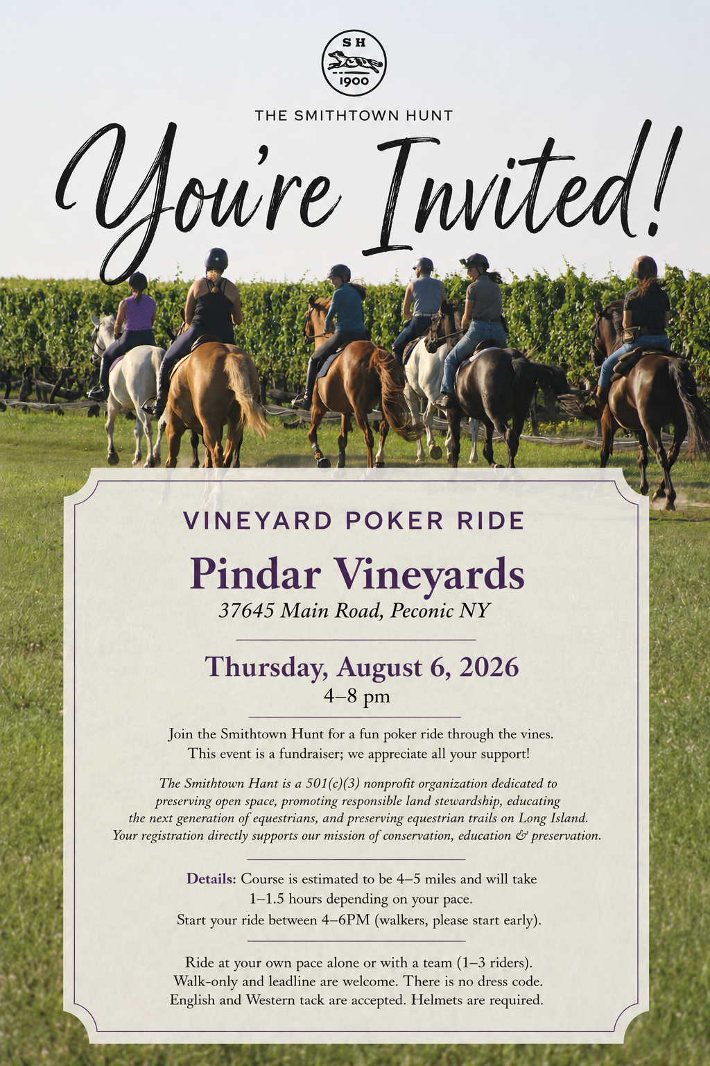 Group of people riding horses through Pindar Vineyards during a vineyard poker ride event.