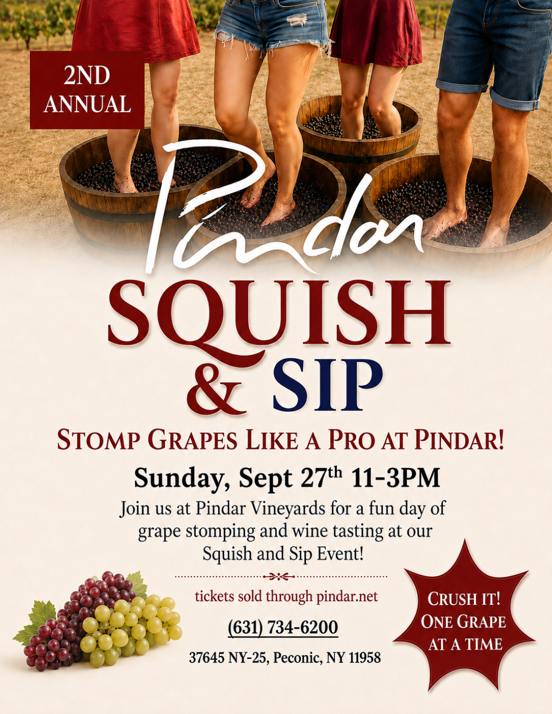 People stomping grapes in wooden barrels at Pindar Vineyards during Squish & Sip event.