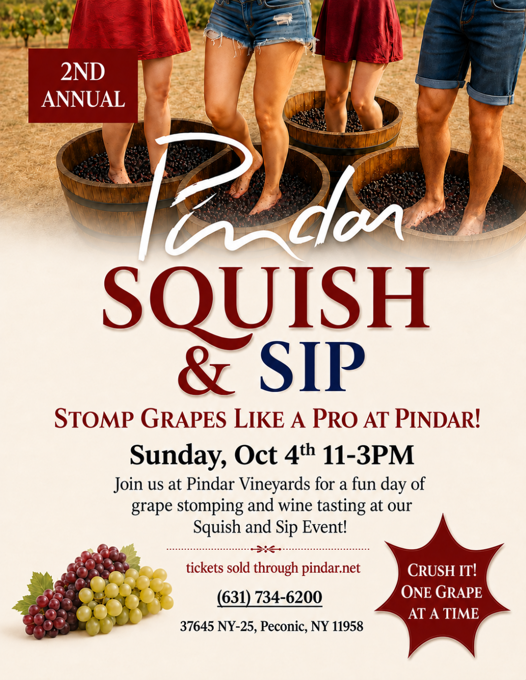 People stomping grapes in wooden barrels at Pindar Vineyards for Squish & Sip event.